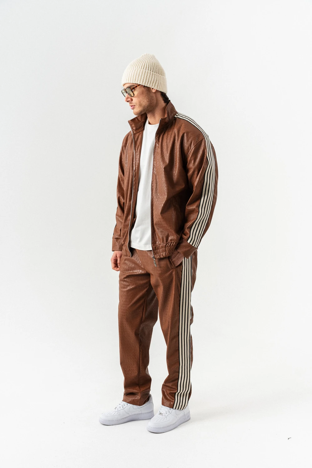 Aerlume Fermuarlı Deri Alt ve Üst Takım - Kahverengi