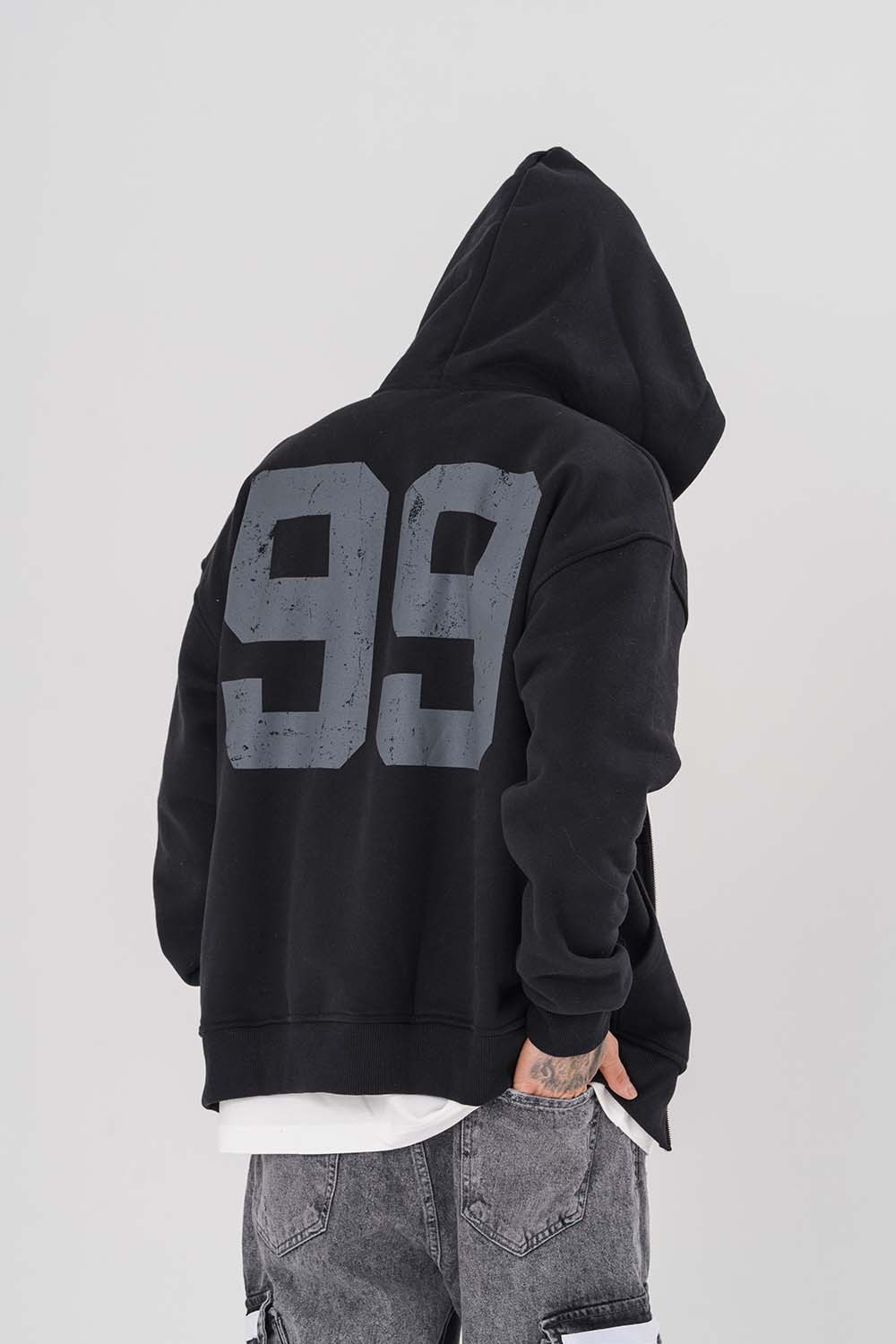 99 Kabartma Detay Fermuarlı Gramajlı Kapüşonlu Sweatshirt