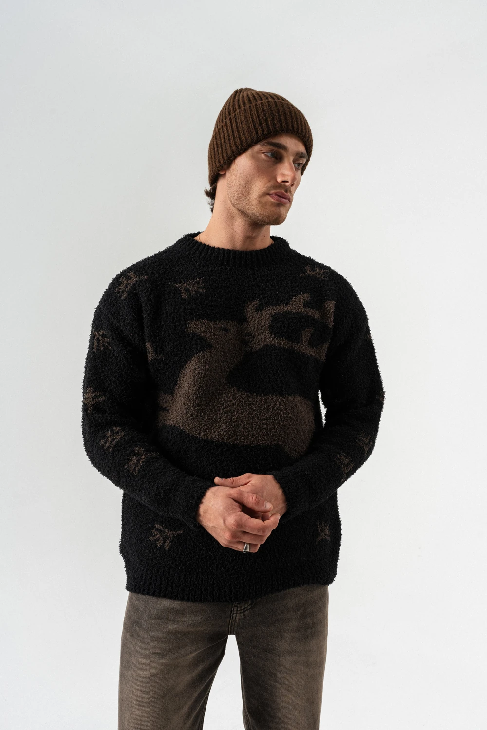 Deer Bisiklet Yaka Teddy Kumaş Kazak