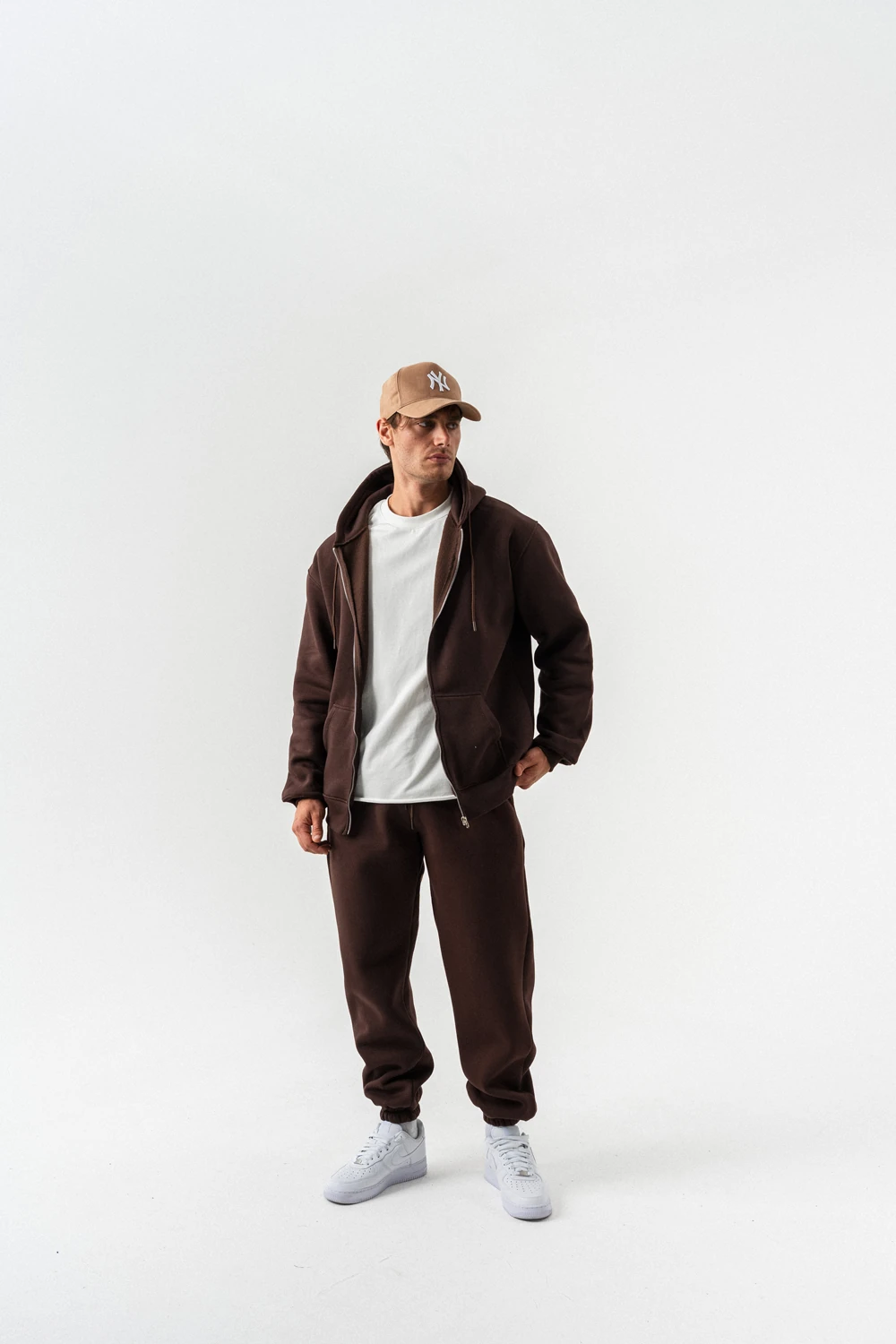 Fynor Fermuarlı Sweatshirt Hoodie ve Jogger Eşofman Takımı - Kahverengi