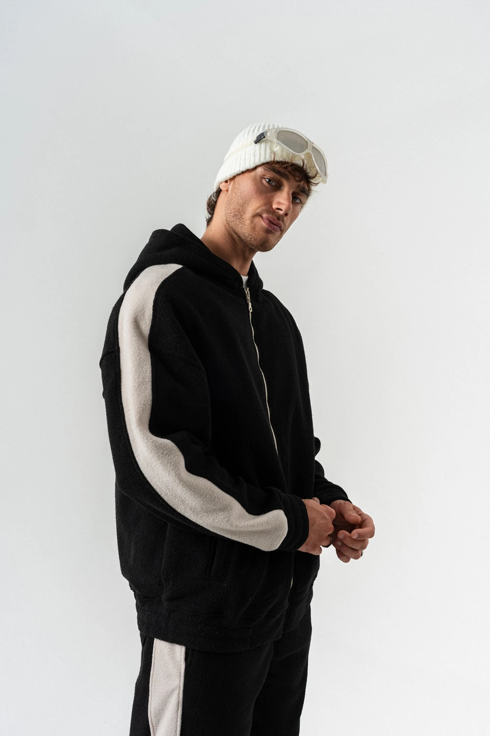 Nova Havlu Kumaş Fermuarlı Sweatshirt Hoodie Eşofman Takımı - Siyah