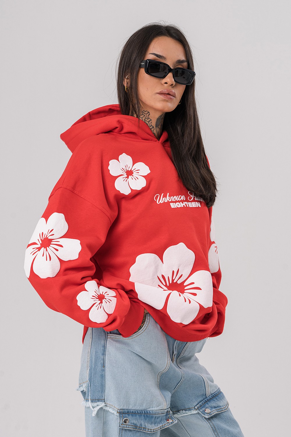 Flowers Kabartma Baskılı Şardonlu Kapüşonlu Sweatshirt