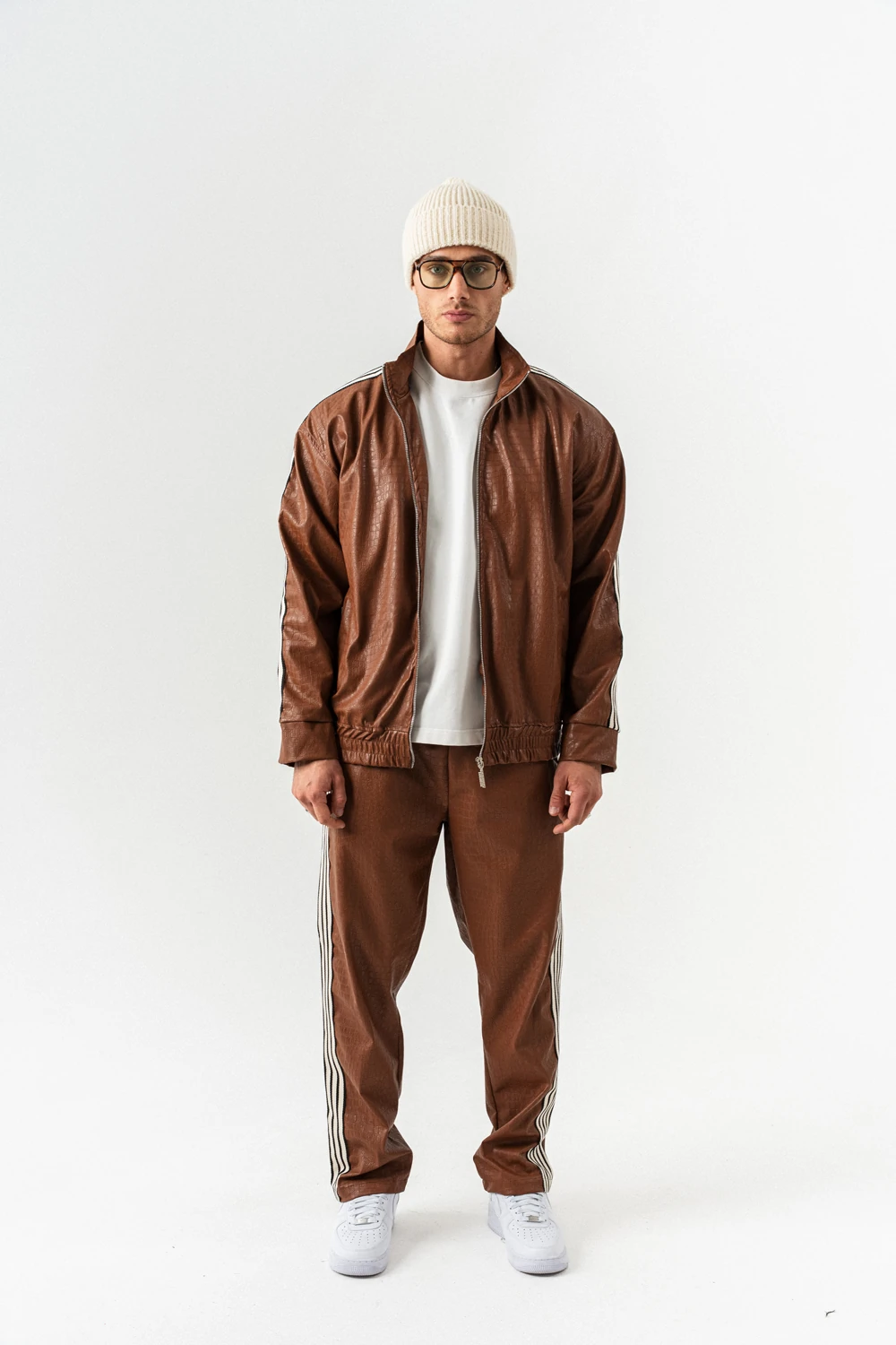 Aerlume Fermuarlı Deri Alt ve Üst Takım - Kahverengi