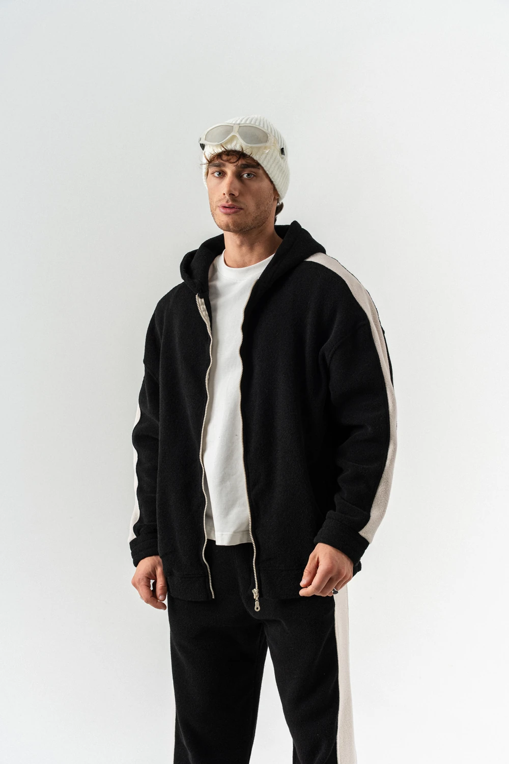 Nova Havlu Kumaş Fermuarlı Sweatshirt Hoodie Eşofman Takımı - Siyah