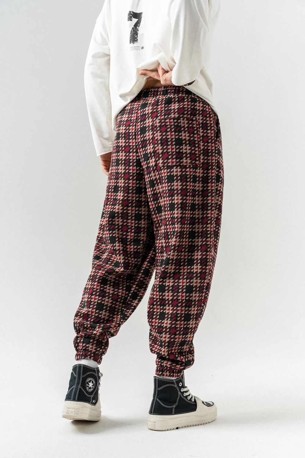 Plaid Bel ve Paça Lastikli Pileli Şalvar