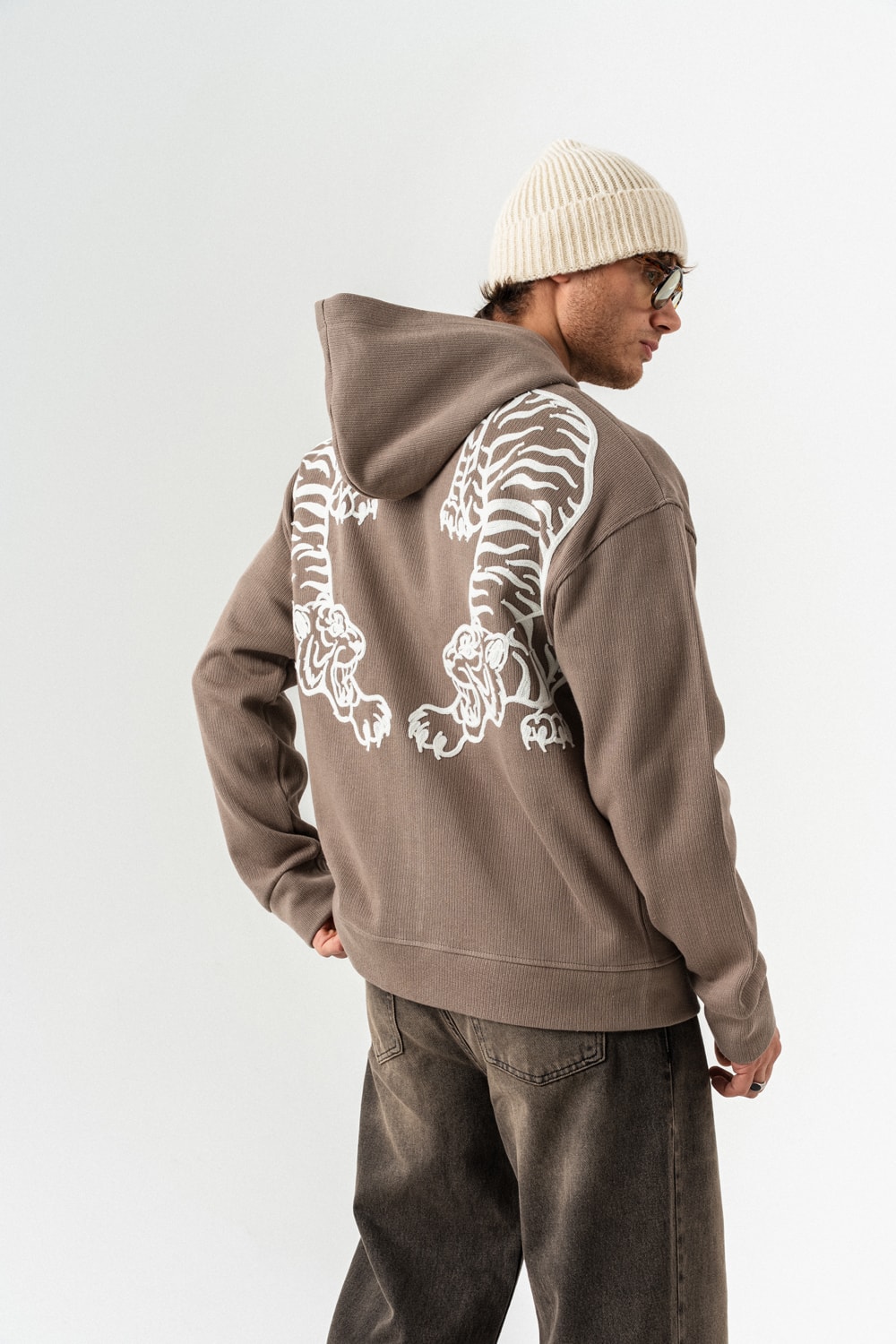 Tigerbase Fermuarlı Sweatshirt Hoodie - Vizon