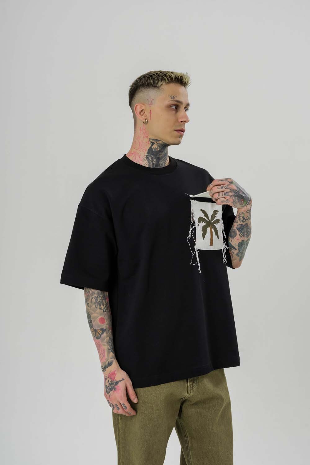 Palm Tree Saçaklı Cep Oversize T-shirt