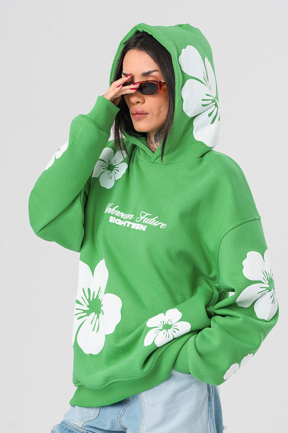 Flowers Kabartma Baskılı Şardonlu Kapüşonlu Sweatshirt