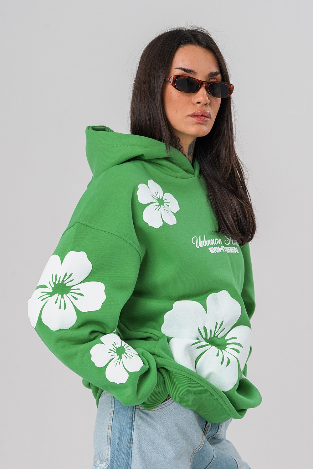 Flowers Kabartma Baskılı Şardonlu Kapüşonlu Sweatshirt