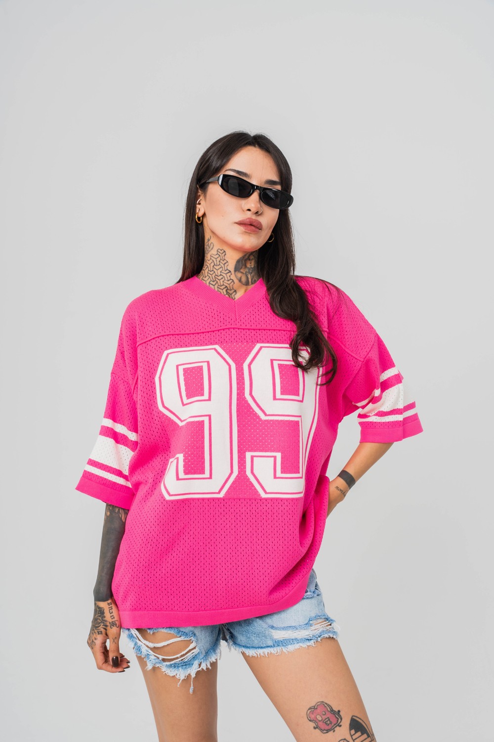 99 Knit Oversize Triko T-shirt - Pembe