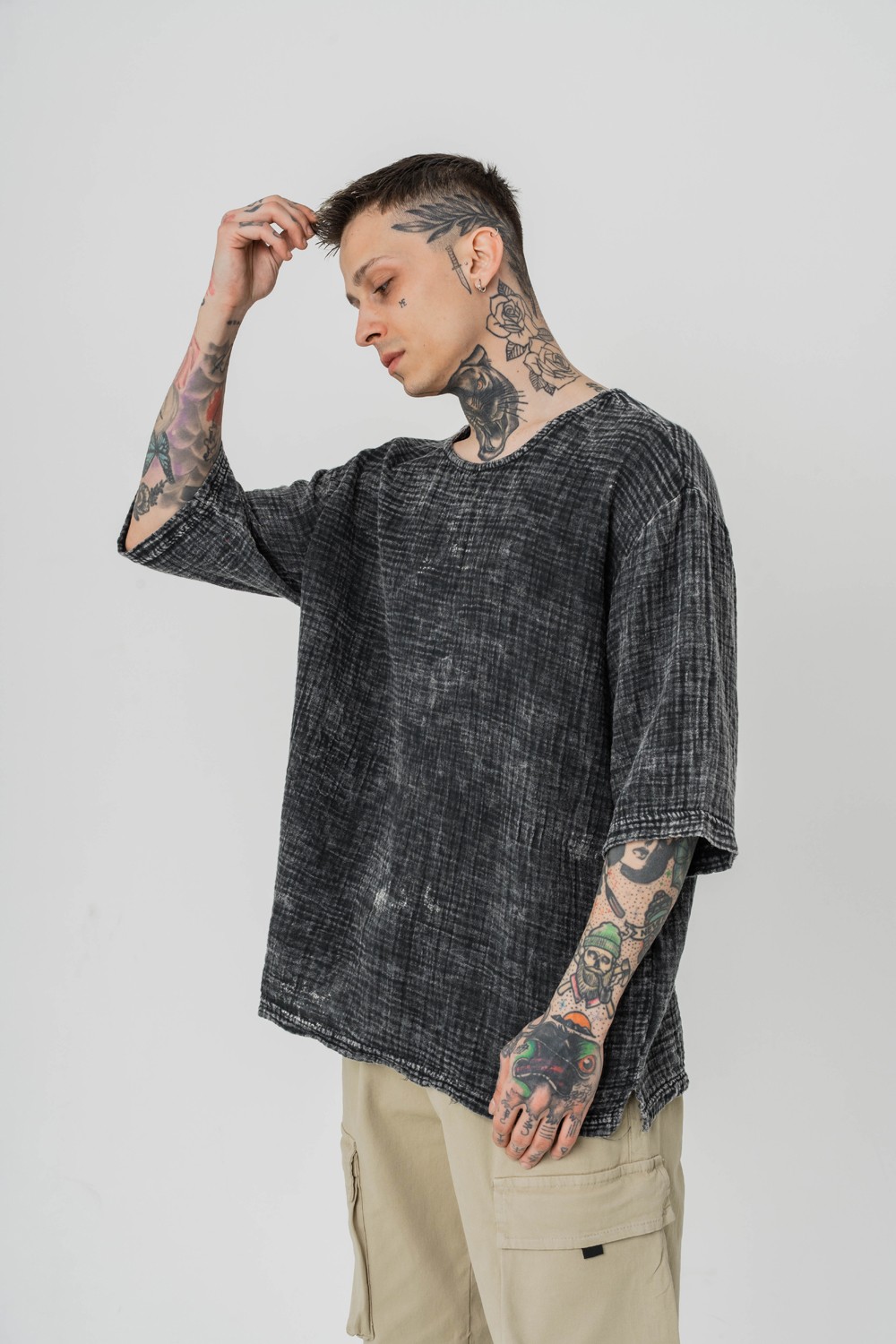 Screen Yıkamalı Keten Kumaş Oversize T-shirt