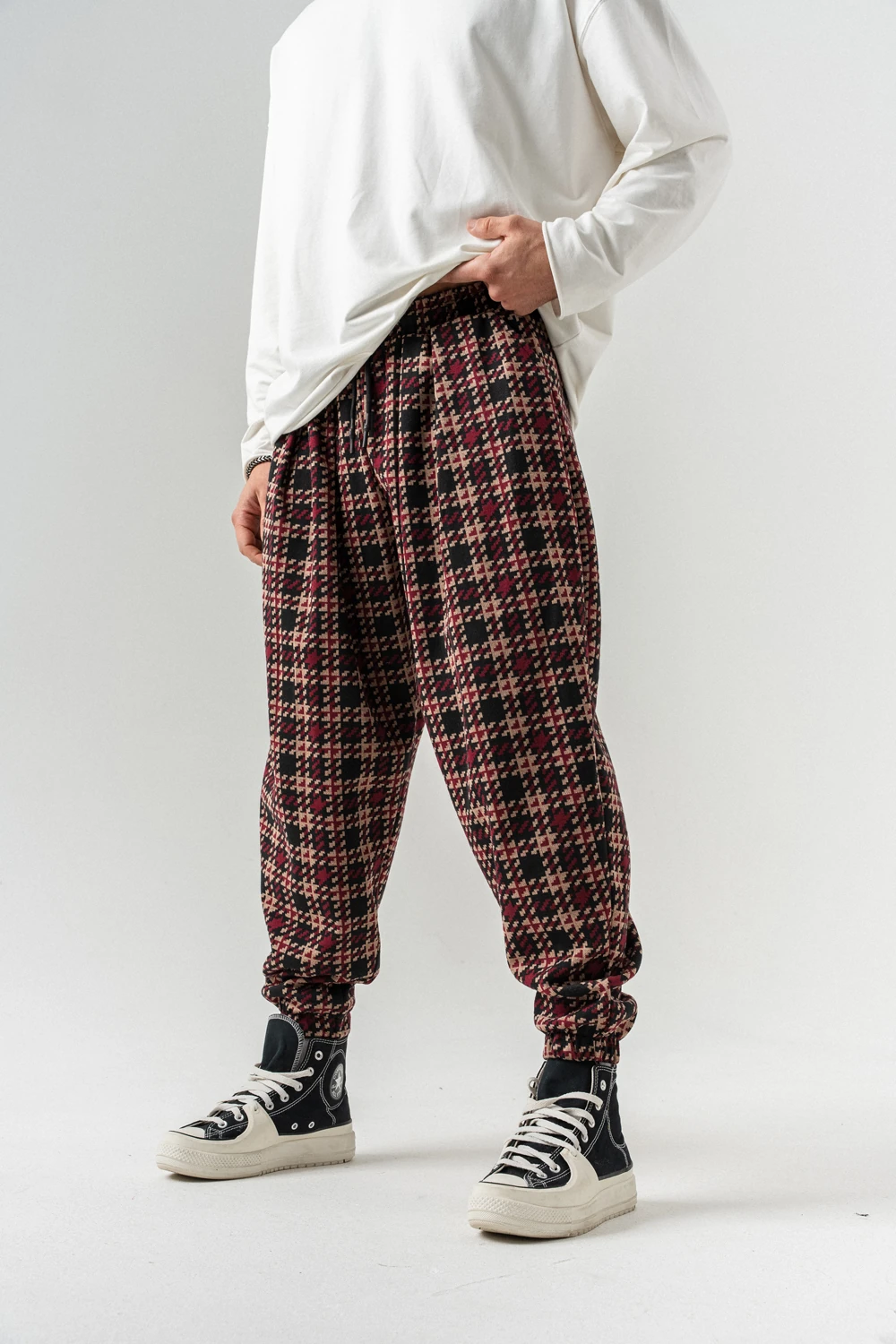 Plaid Bel ve Paça Lastikli Pileli Şalvar