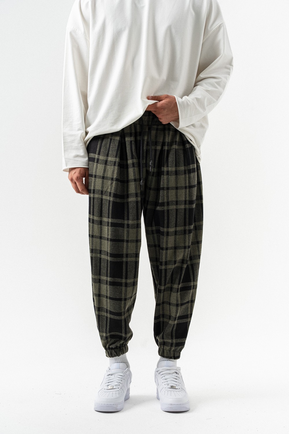 Plaid Bel ve Paça Lastikli Pileli Şalvar