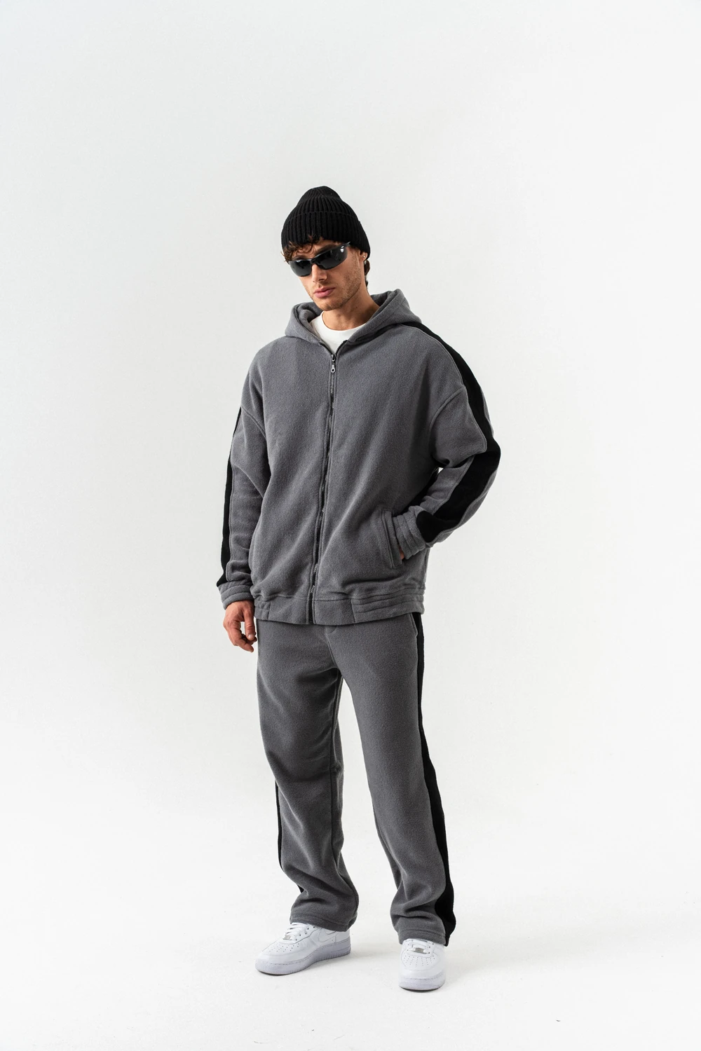 Nova Havlu Kumaş Fermuarlı Sweatshirt Hoodie Eşofman Takımı - Antrasit