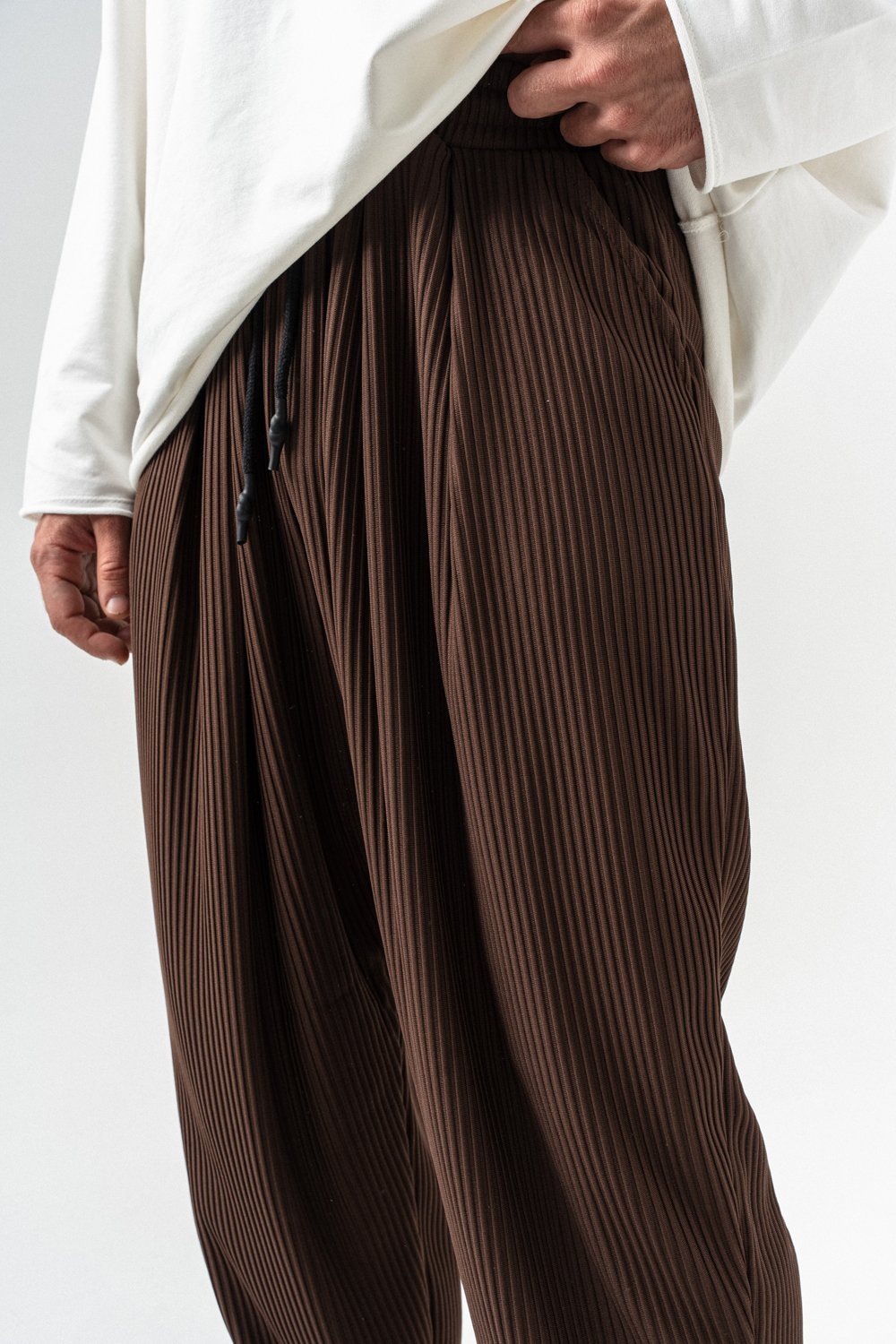 Ribbed Bel ve Paça Lastikli Pileli Şalvar