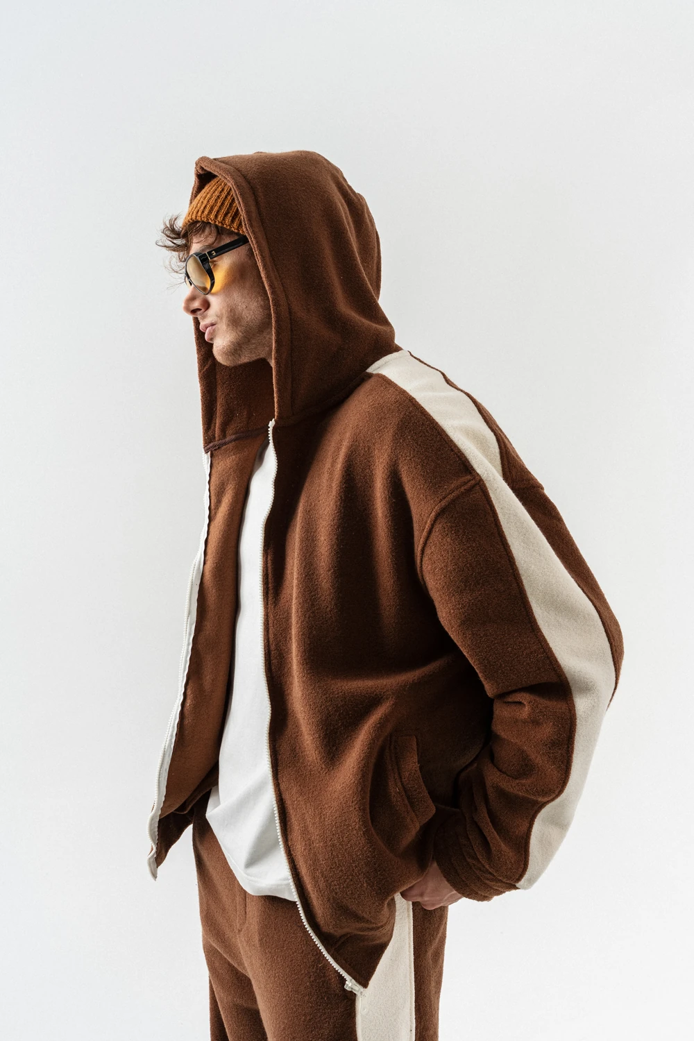 Nova Havlu Kumaş Fermuarlı Sweatshirt Hoodie Eşofman Takımı - Kahverengi