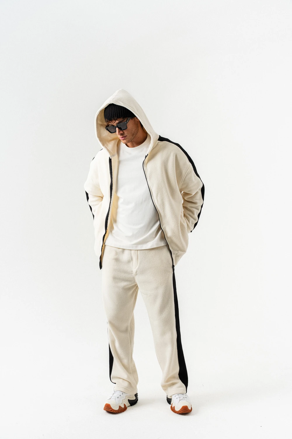 Nova Havlu Kumaş Fermuarlı Sweatshirt Hoodie Eşofman Takımı - Ekru