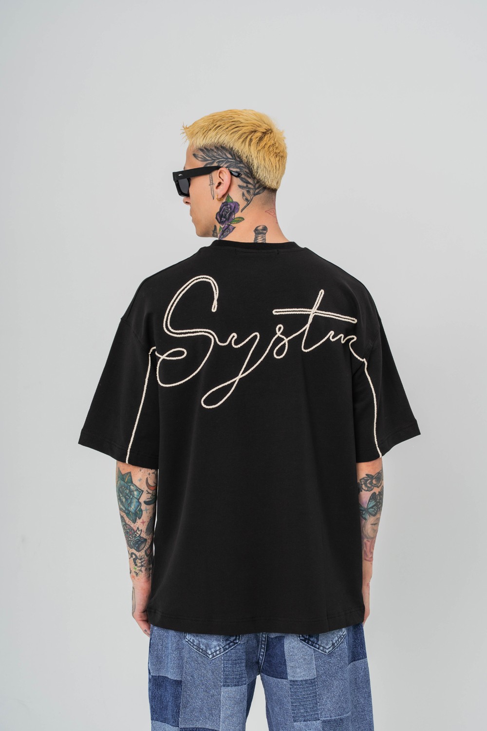 System Nakış Detaylı Oversize T-shirt - Siyah