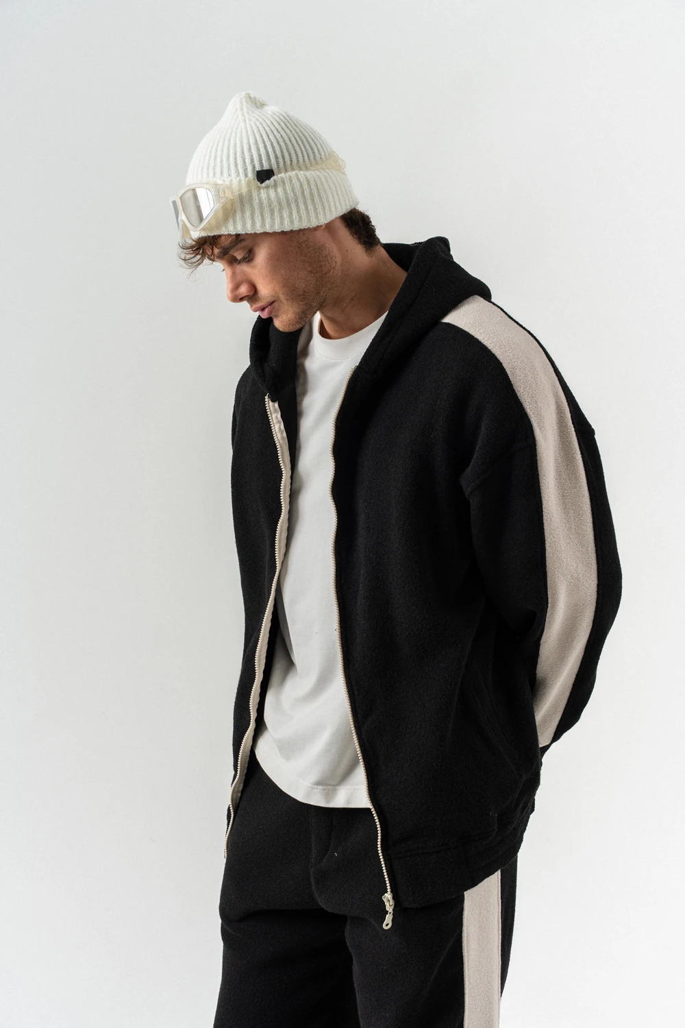 Nova Havlu Kumaş Fermuarlı Sweatshirt Hoodie Eşofman Takımı - Siyah