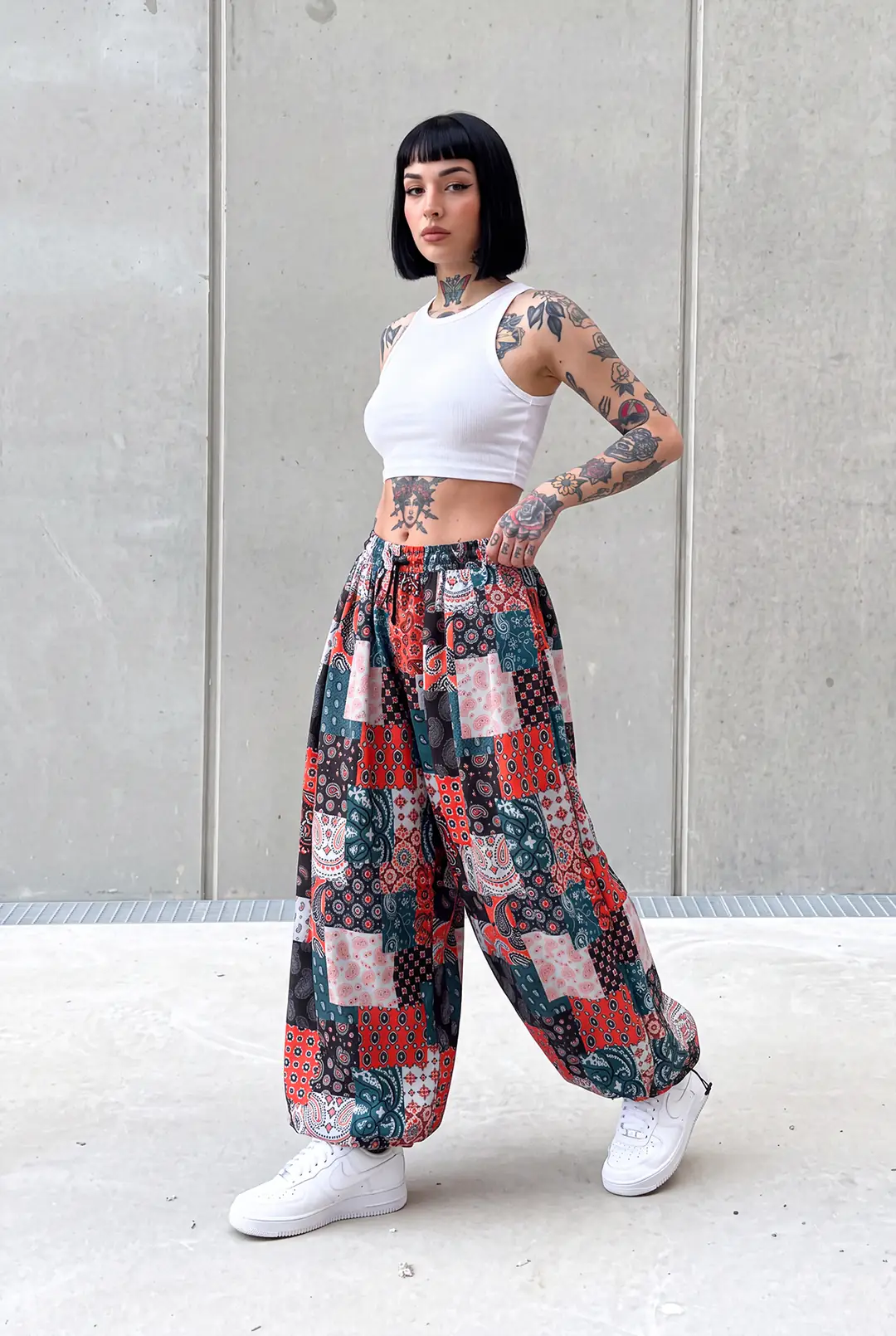 Bandana Patchwork Bel ve Paça Lastikli Pileli Şalvar