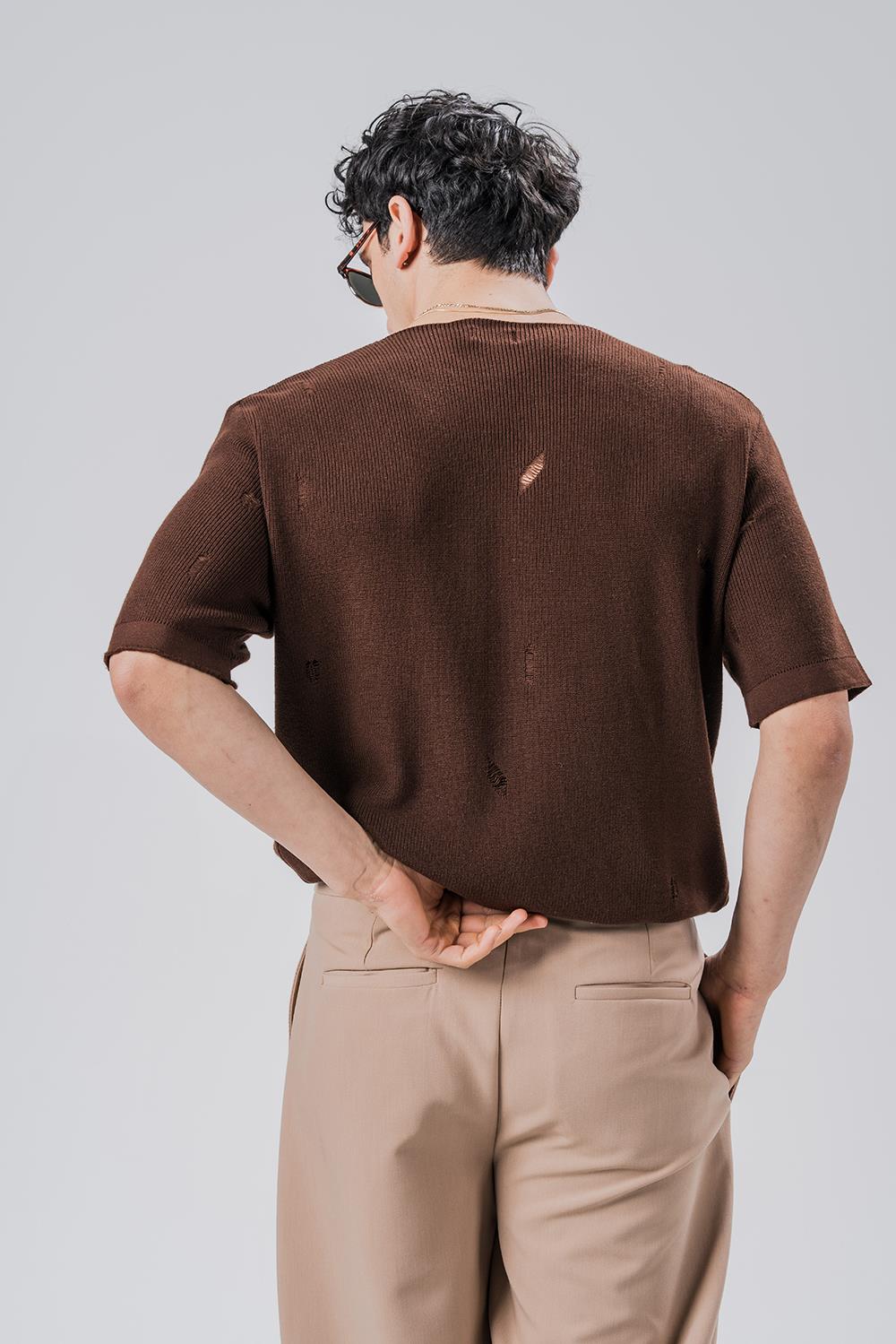 Riccardo Kahve Sökme Detay V Yaka Triko T-shirt