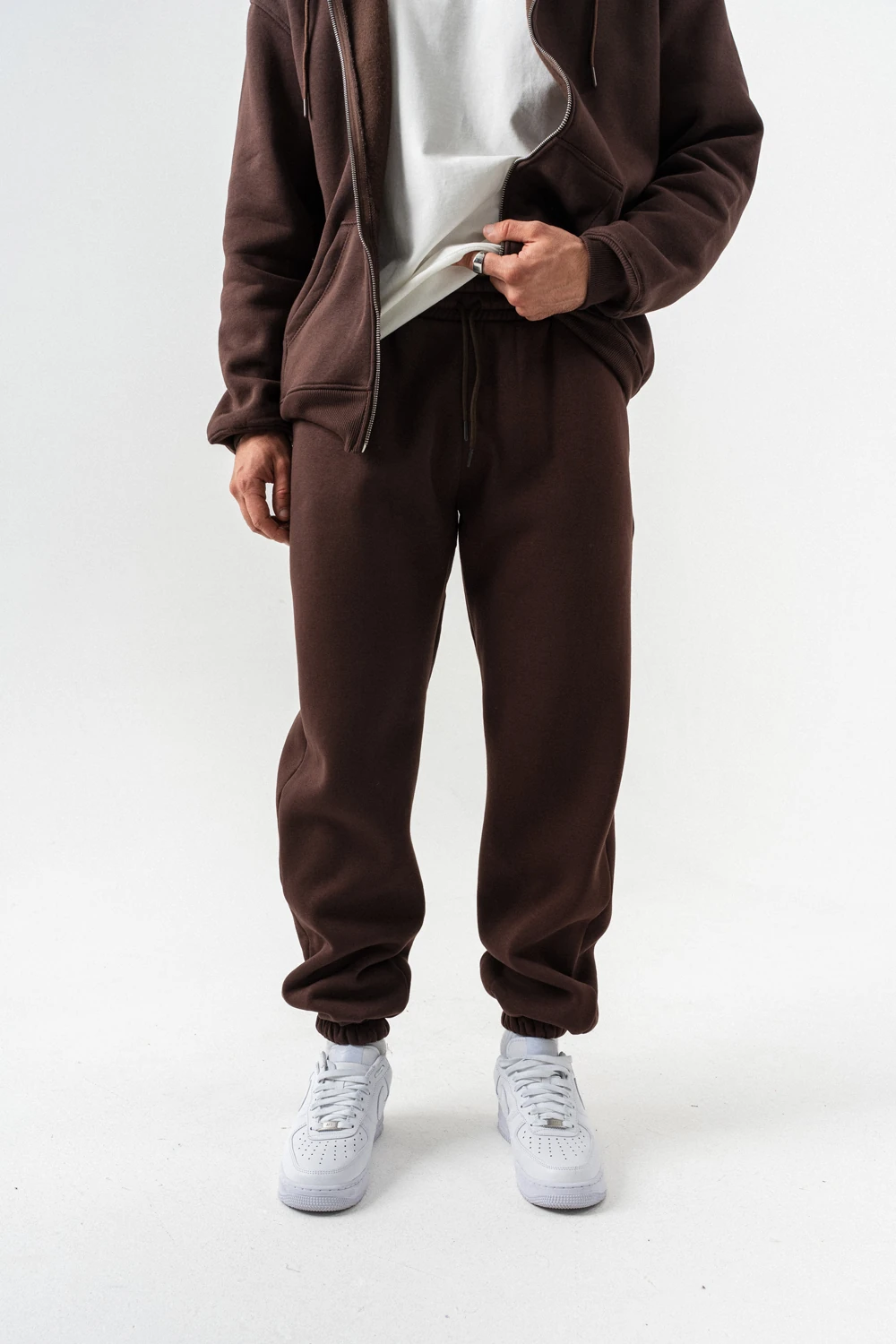 Fynor Fermuarlı Sweatshirt Hoodie ve Jogger Eşofman Takımı - Kahverengi