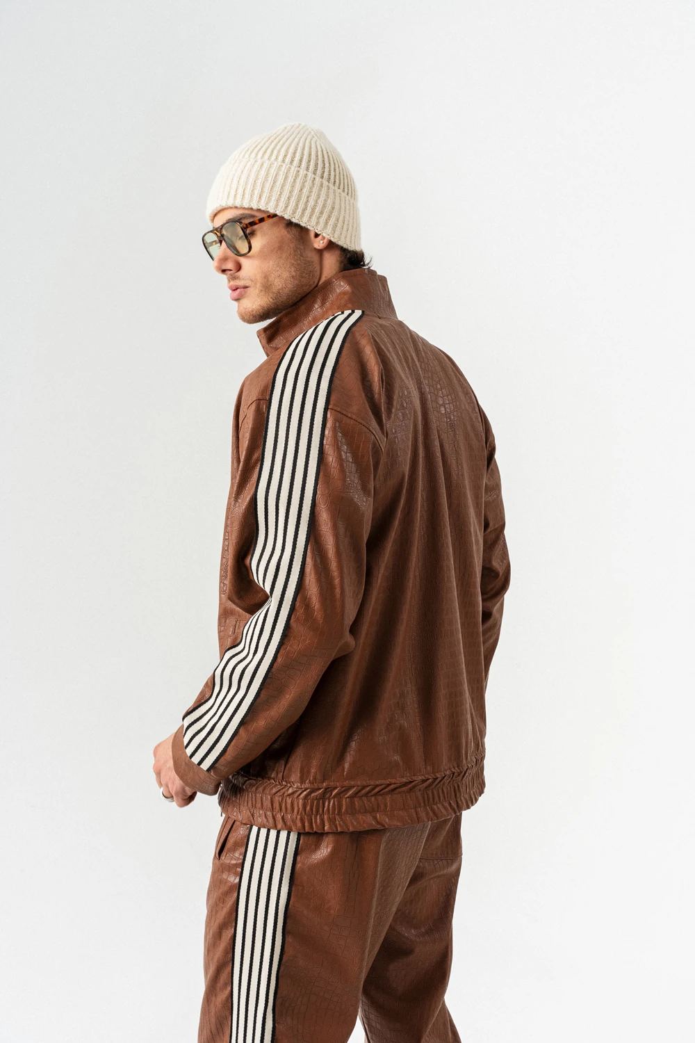 Aerlume Fermuarlı Deri Alt ve Üst Takım - Kahverengi