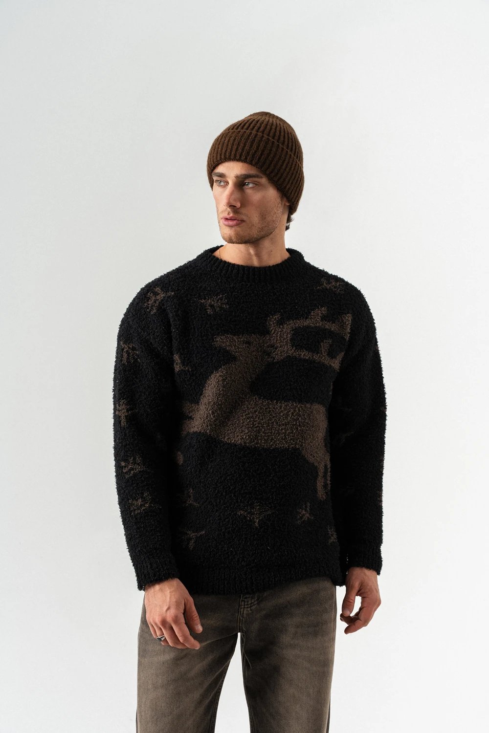 Deer Bisiklet Yaka Teddy Kumaş Kazak