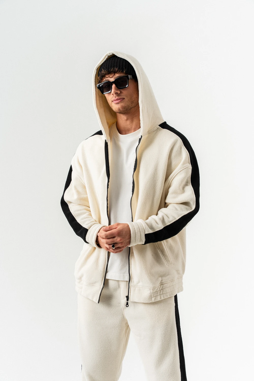 Nova Havlu Kumaş Fermuarlı Sweatshirt Hoodie Eşofman Takımı - Ekru