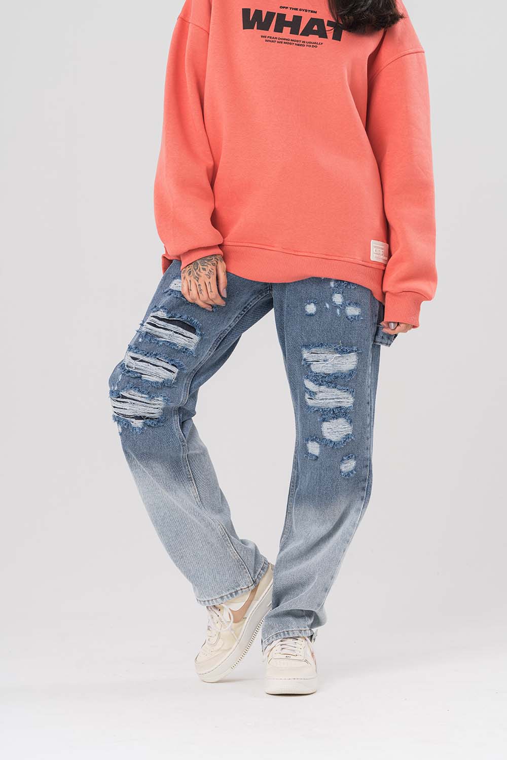 Washed Bel İp Detaylı Yırtık Jean Baggy Pantolon