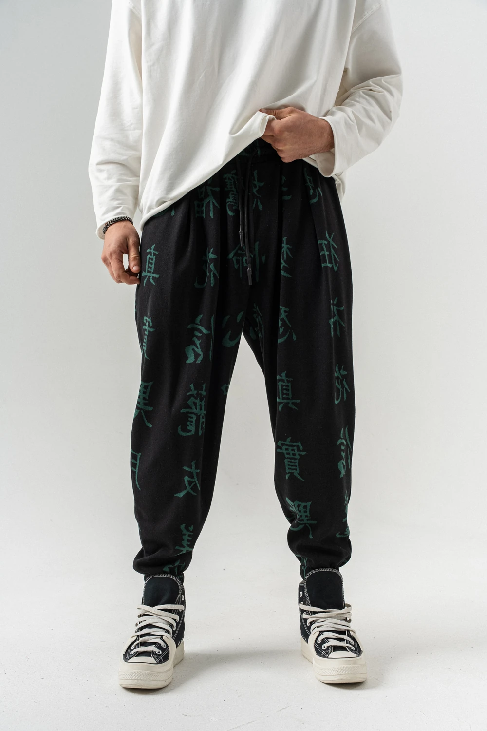 Kaneki Bel ve Paça Lastikli Pileli Şalvar - Yeşil