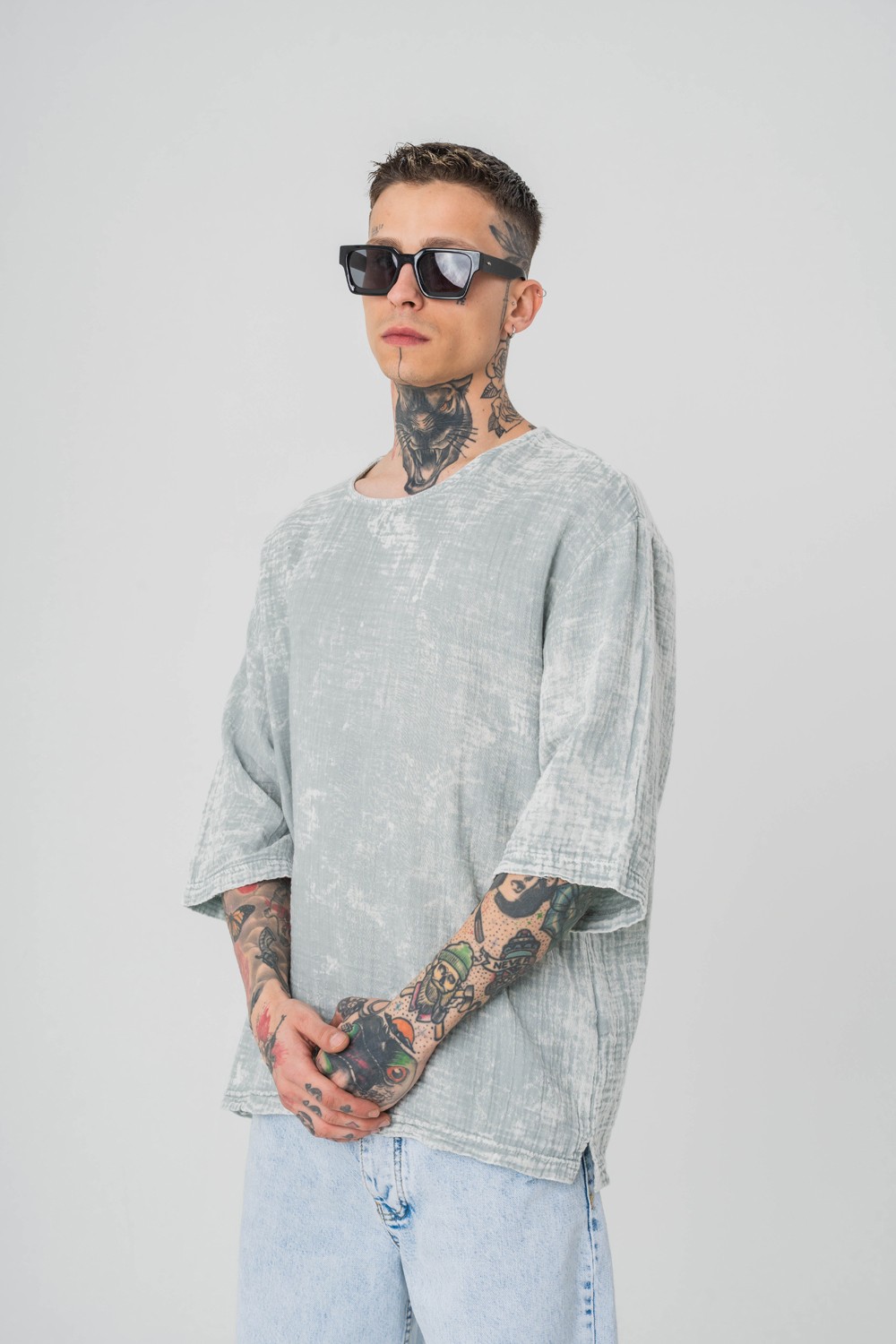Screen Yıkamalı Keten Kumaş Oversize T-shirt