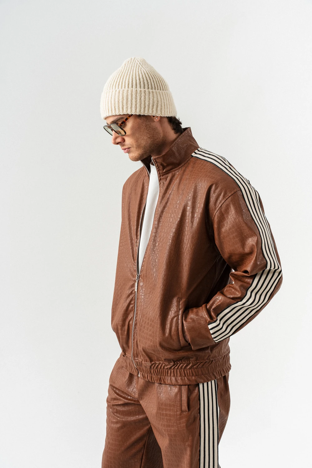 Aerlume Fermuarlı Deri Alt ve Üst Takım - Kahverengi