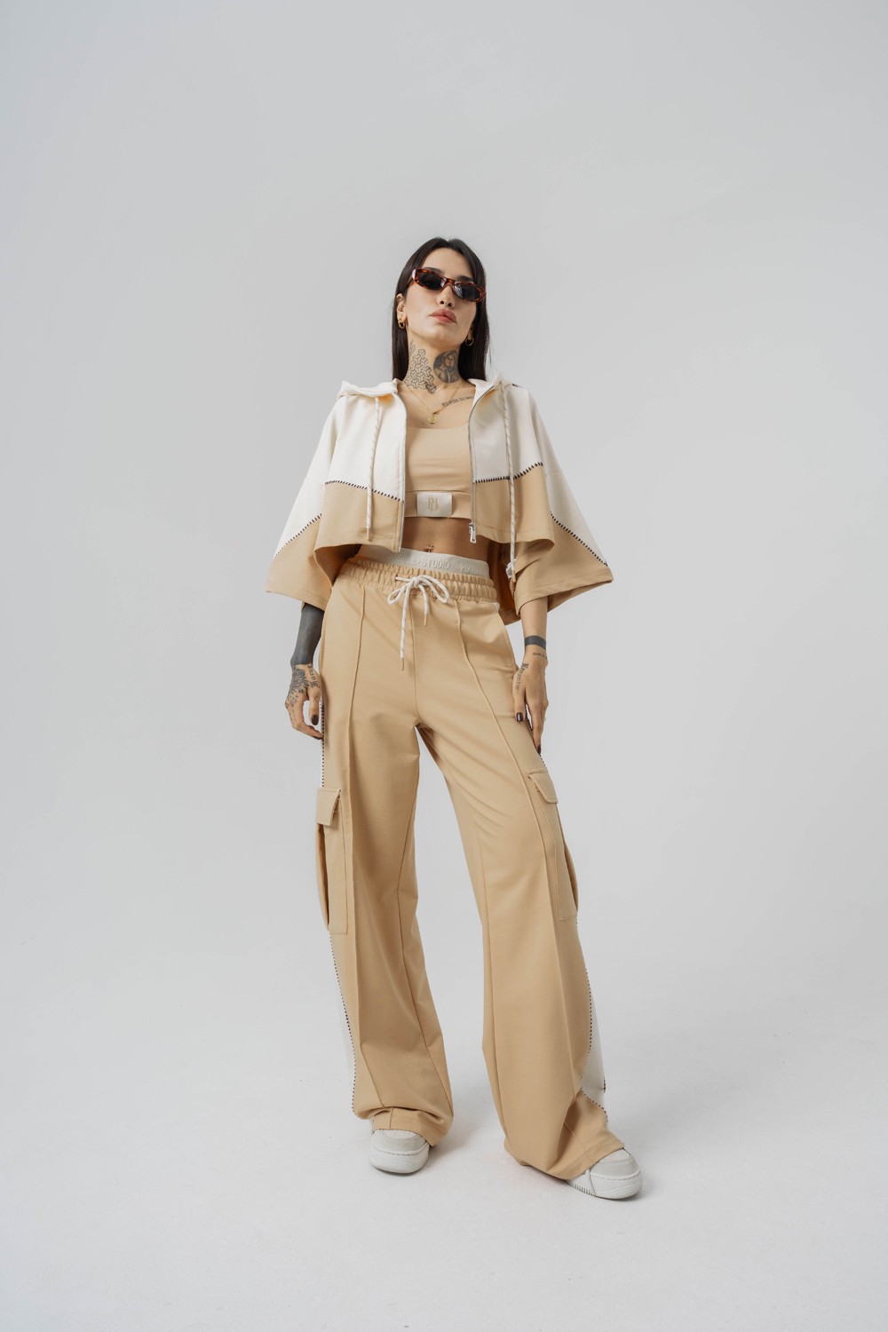Seam Patched Crop ve Kapüşonlı Kadın T-shirt 2'li Set