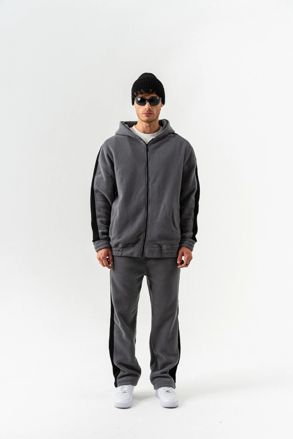 Nova Havlu Kumaş Fermuarlı Sweatshirt Hoodie Eşofman Takımı - Antrasit