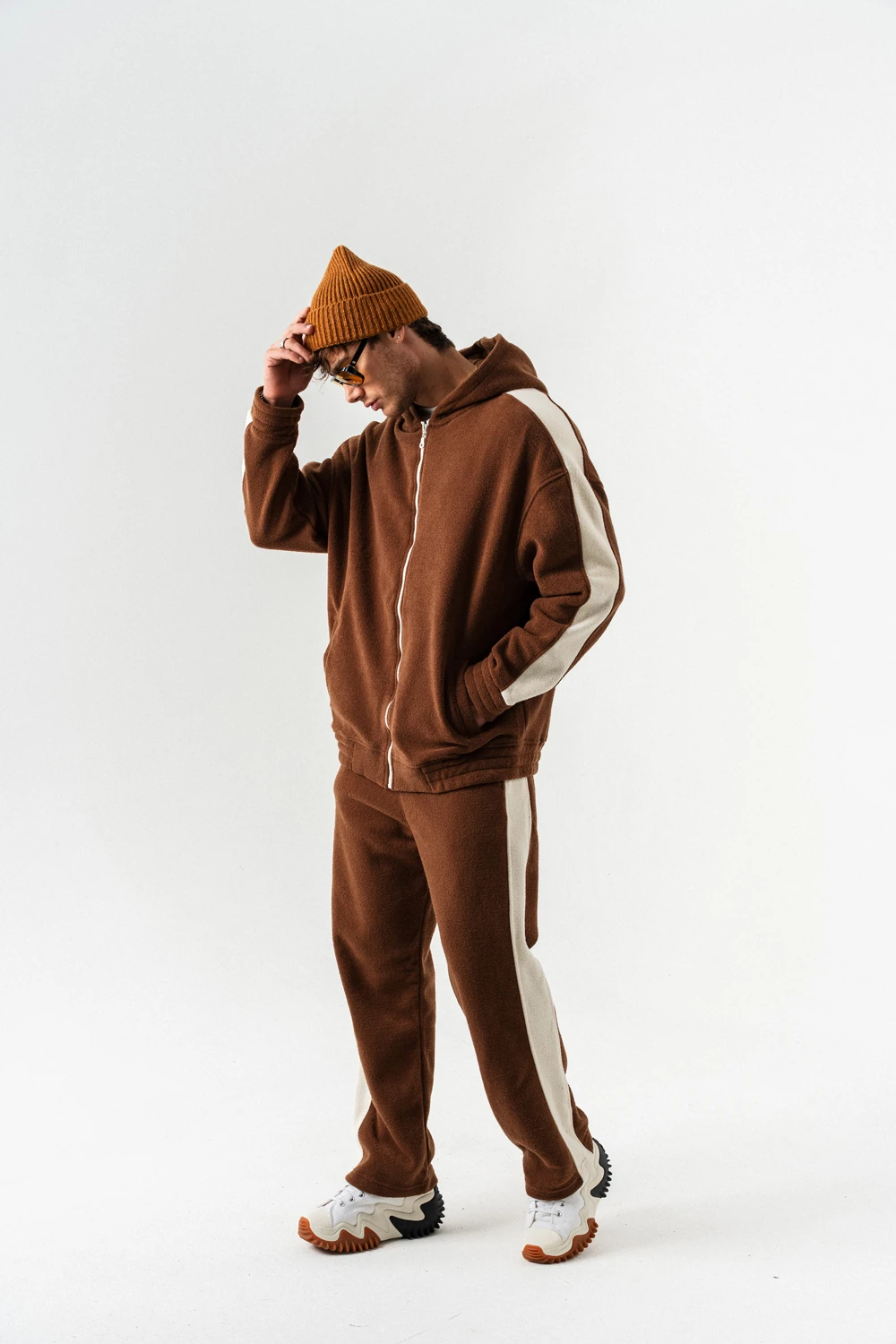 Nova Havlu Kumaş Fermuarlı Sweatshirt Hoodie Eşofman Takımı - Kahverengi