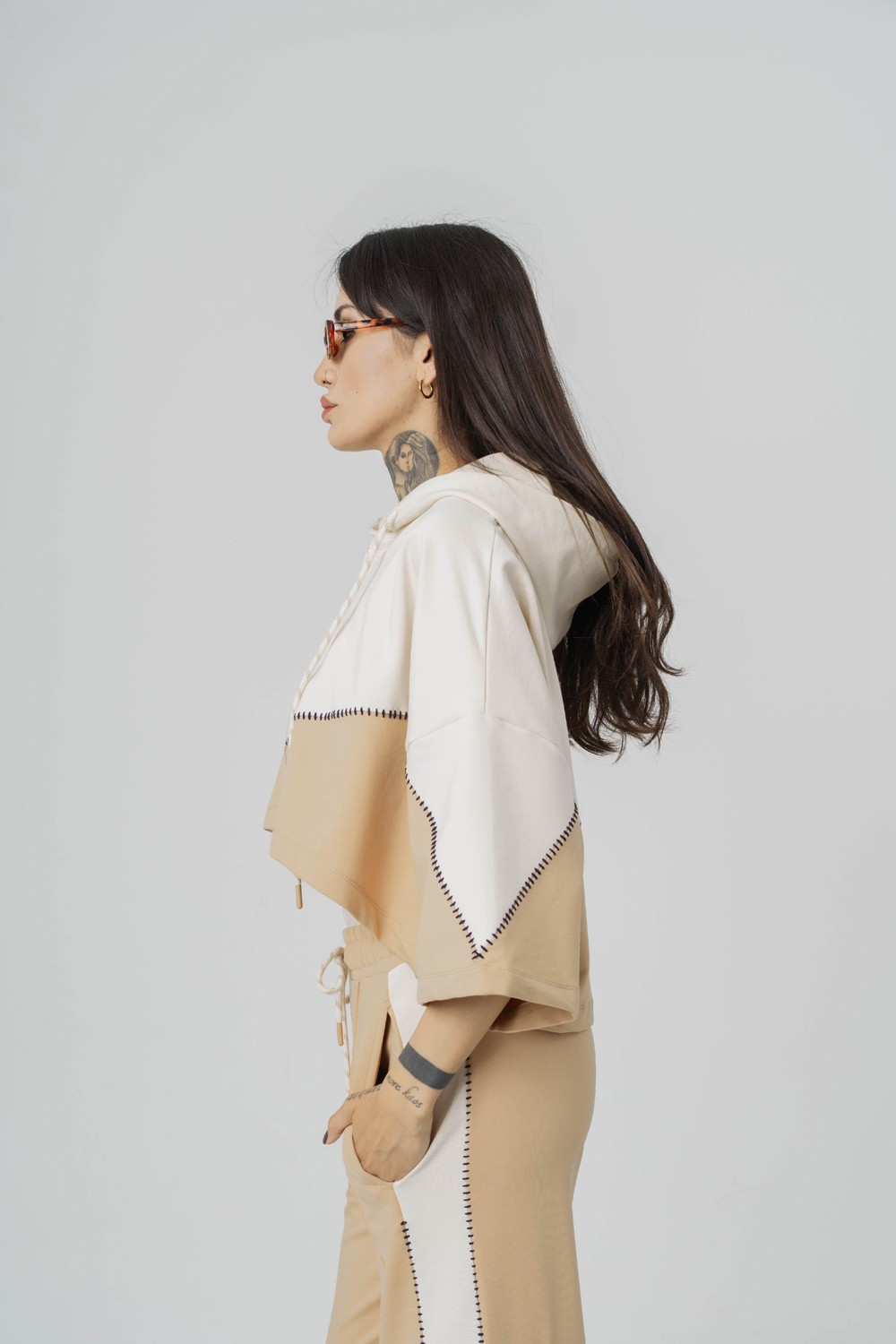 Seam Patched Crop ve Kapüşonlı Kadın T-shirt 2'li Set