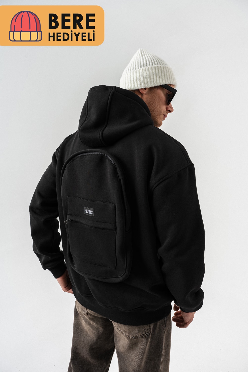 Basebag Fermuarlı ve Sırt Çantası Detaylı Kapüşonlu Sweatshirt (Bere Hediyeli) - Siyah