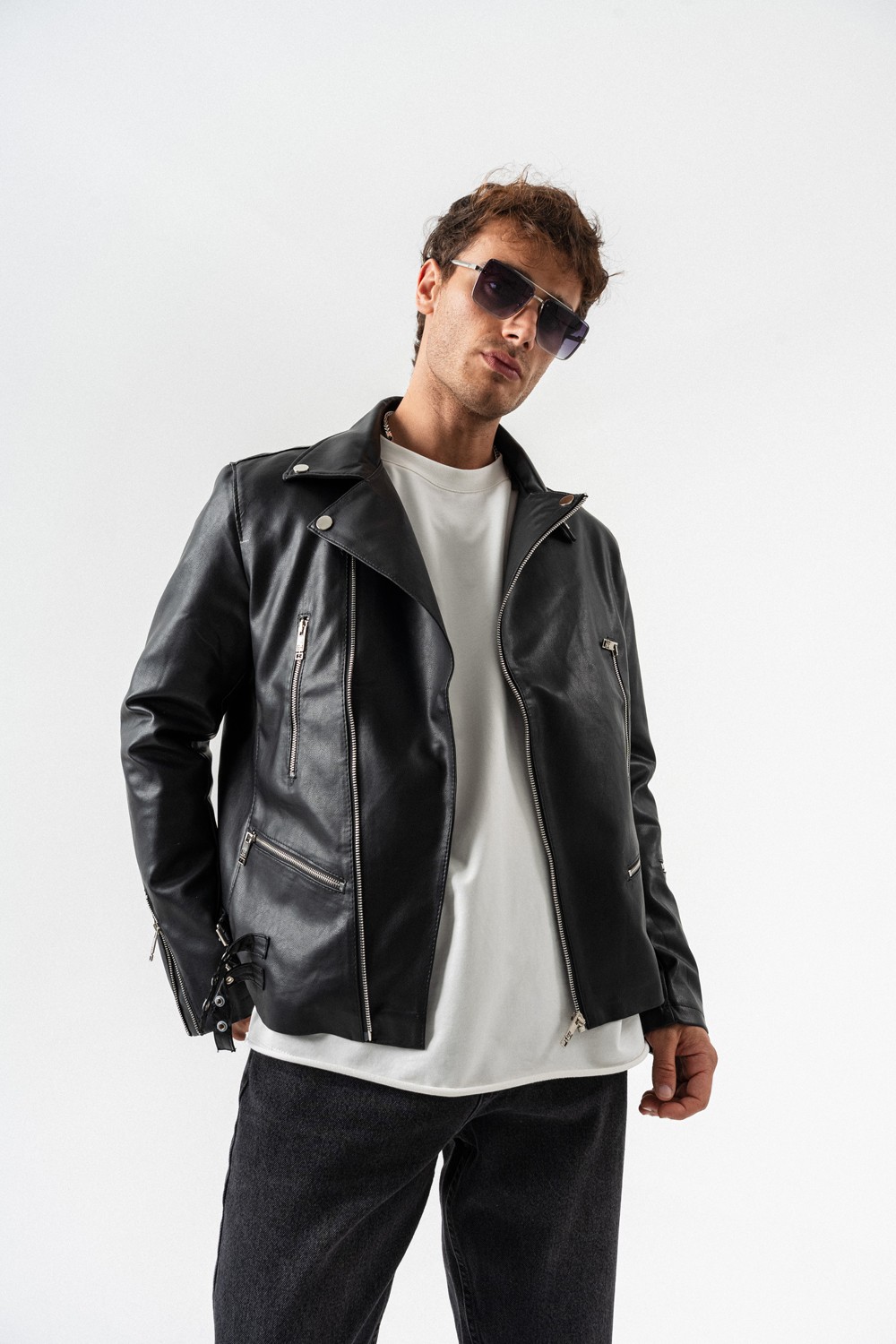 Darkfuel Fermuarlı Deri Biker Ceket