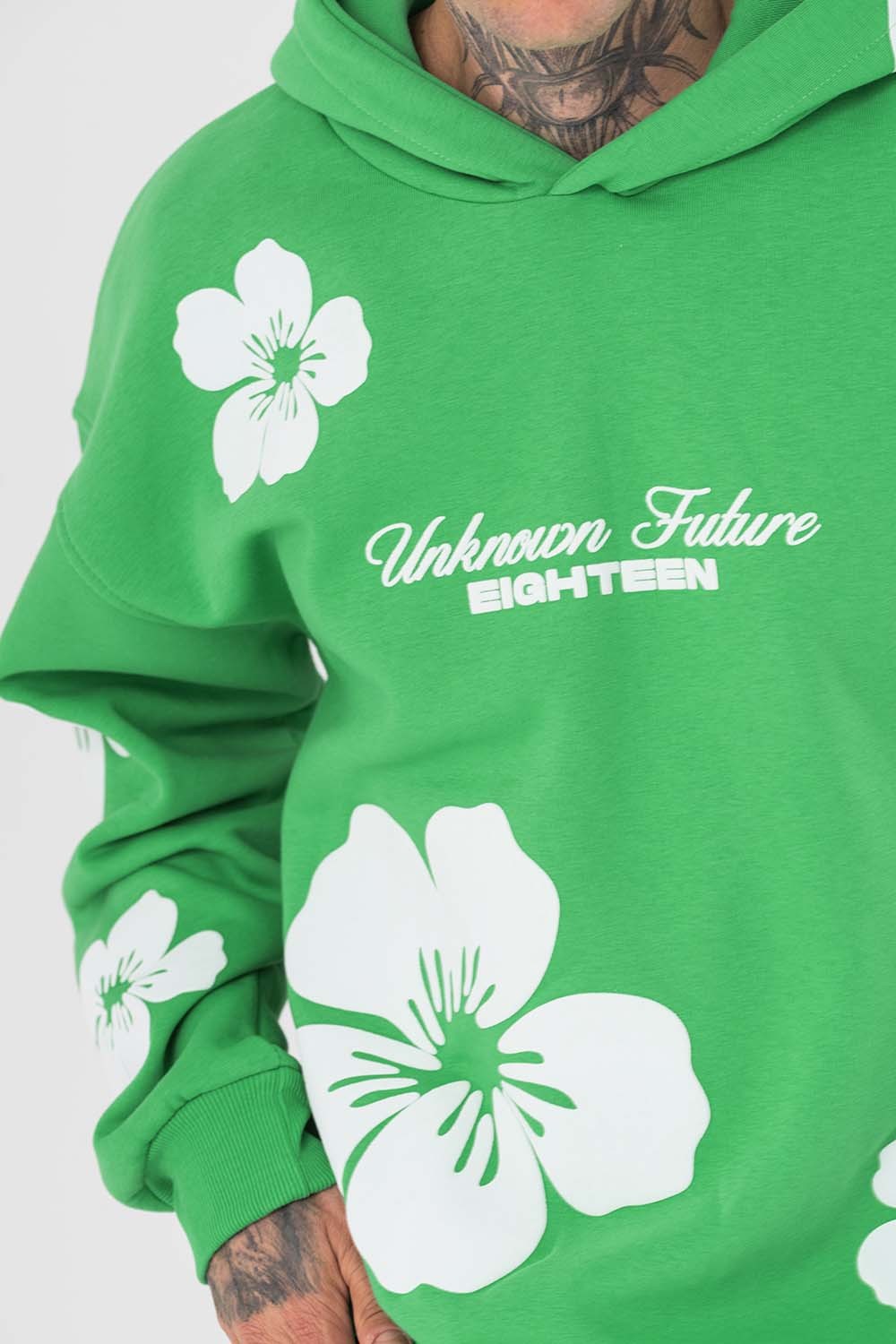 Flowers Kabartma Baskılı Şardonlu Kapüşonlu Sweatshirt