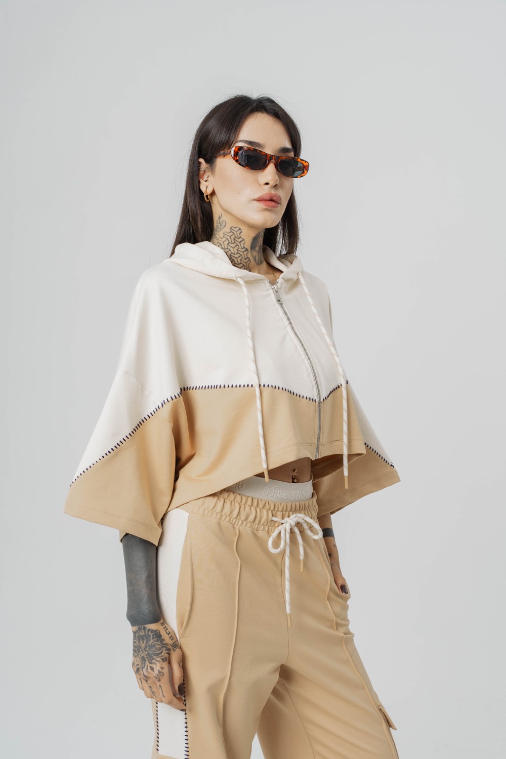 Seam Patched Crop ve Kapüşonlı Kadın T-shirt 2'li Set