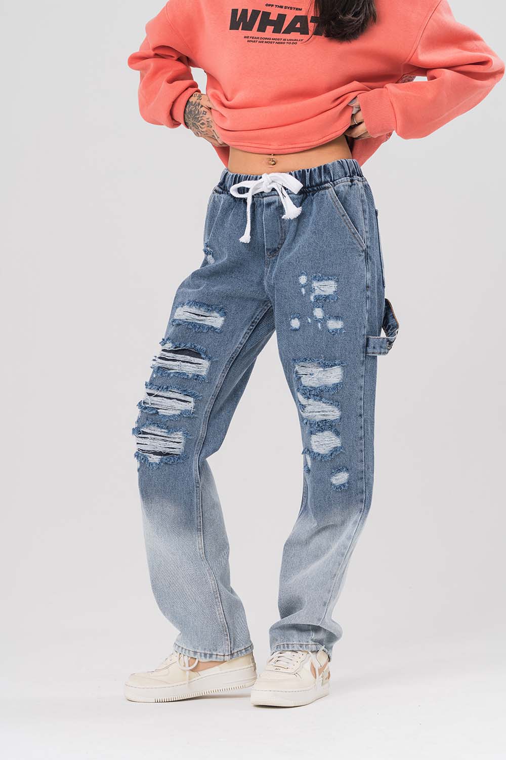 Washed Bel İp Detaylı Yırtık Jean Baggy Pantolon