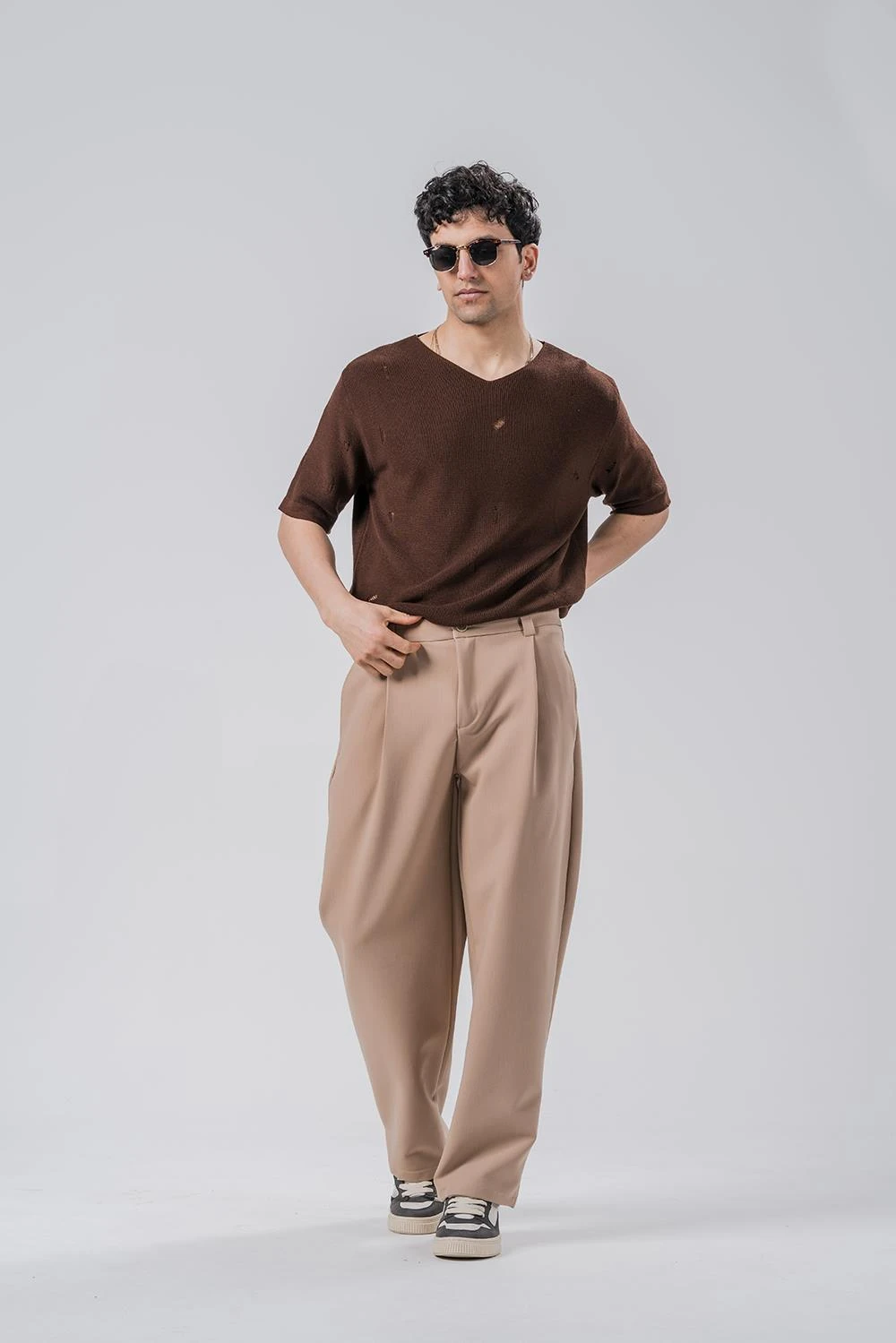 Riccardo Kahve Sökme Detay V Yaka Triko T-shirt