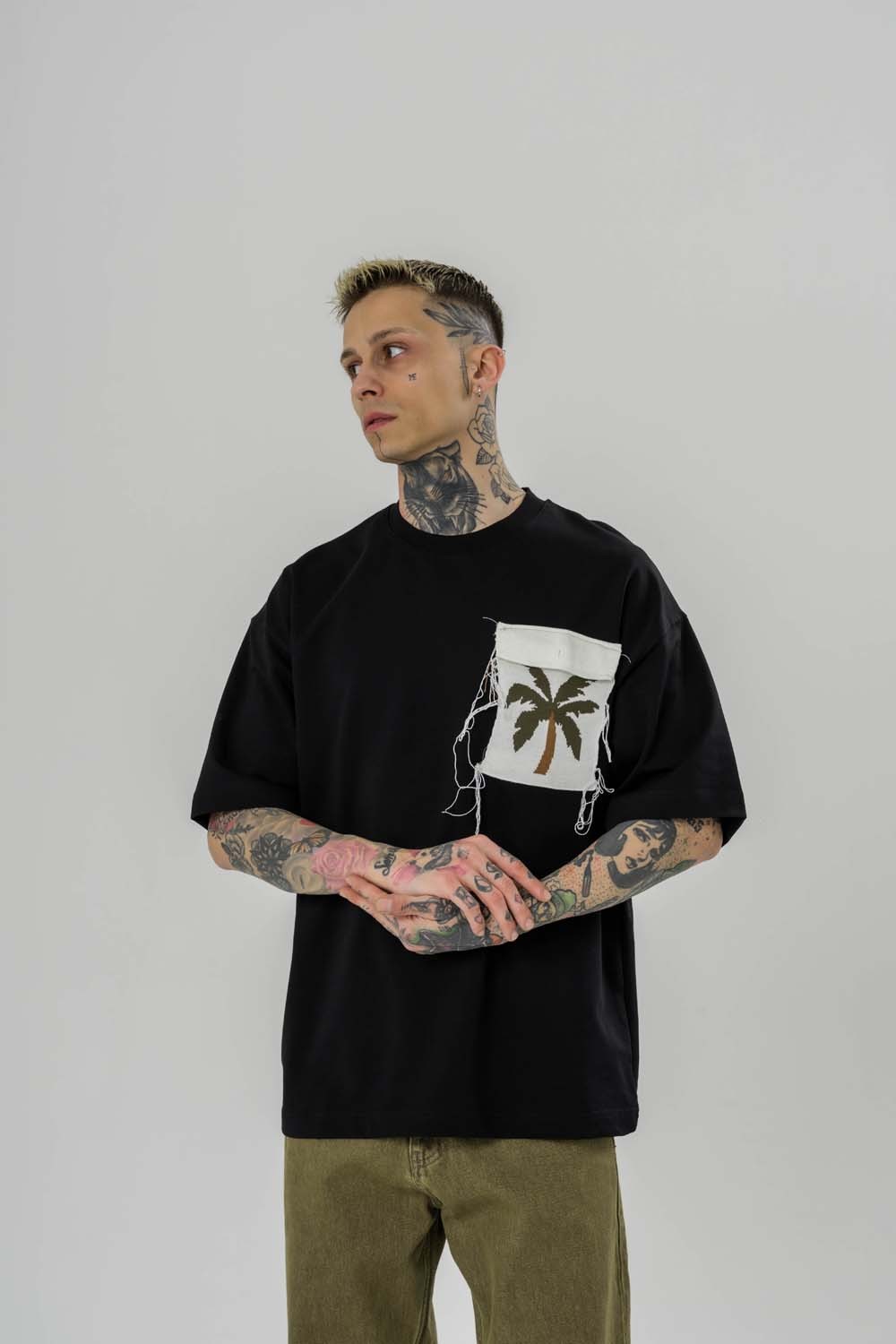 Palm Tree Saçaklı Cep Oversize T-shirt
