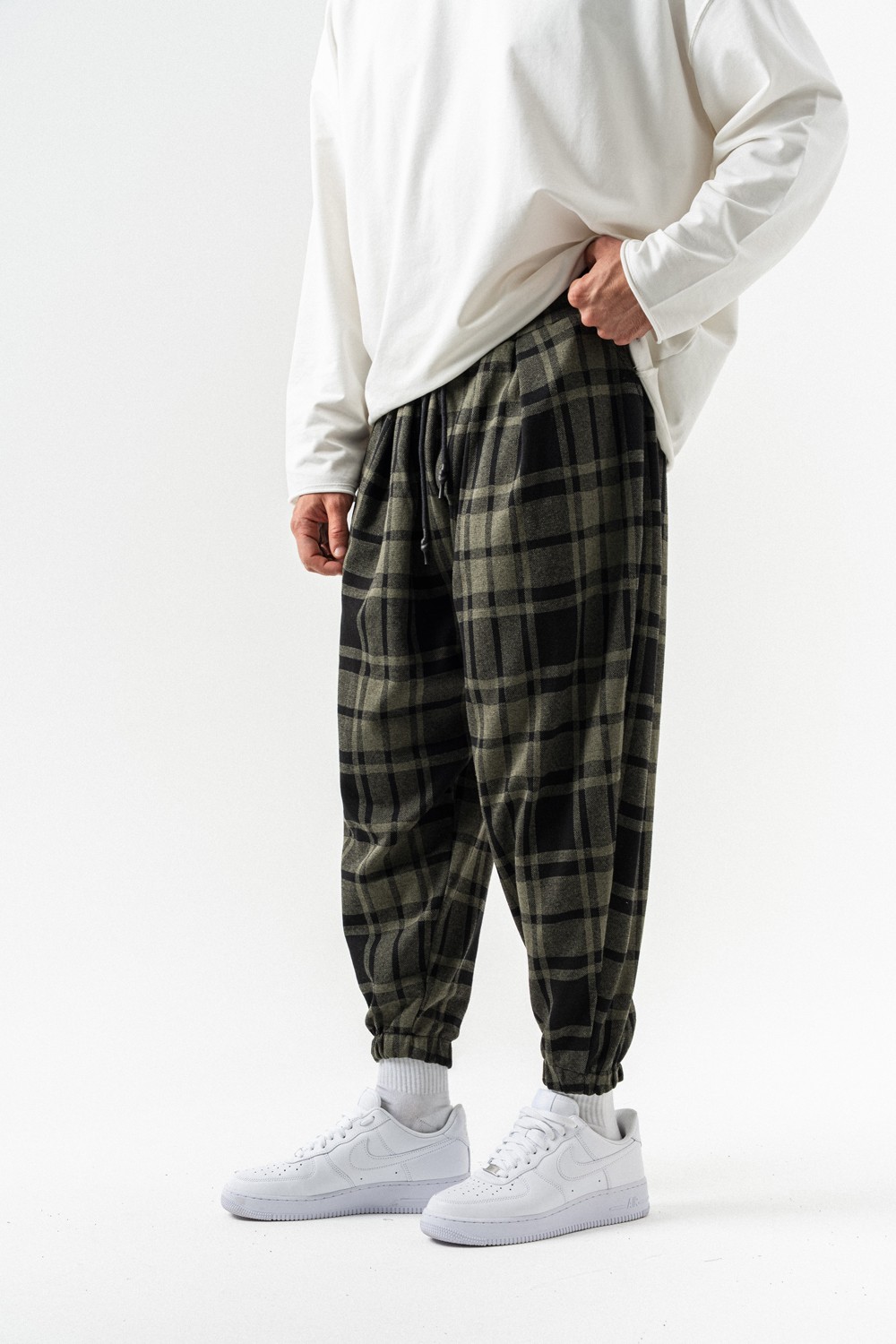 Plaid Bel ve Paça Lastikli Pileli Şalvar