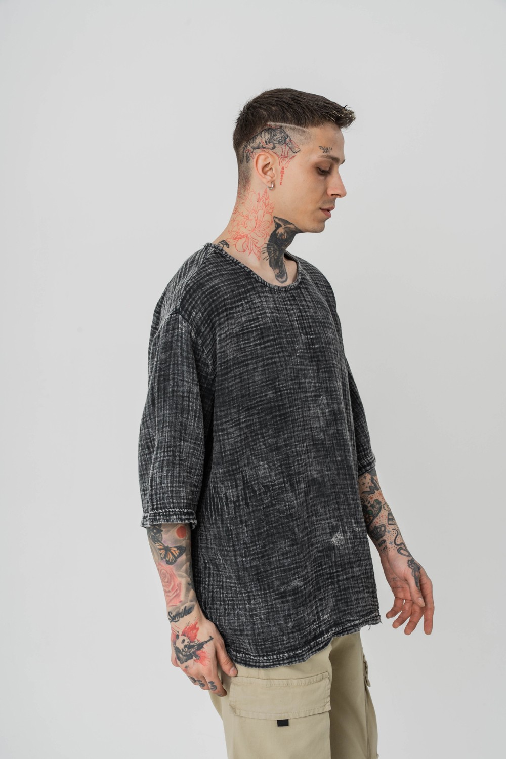 Screen Yıkamalı Keten Kumaş Oversize T-shirt