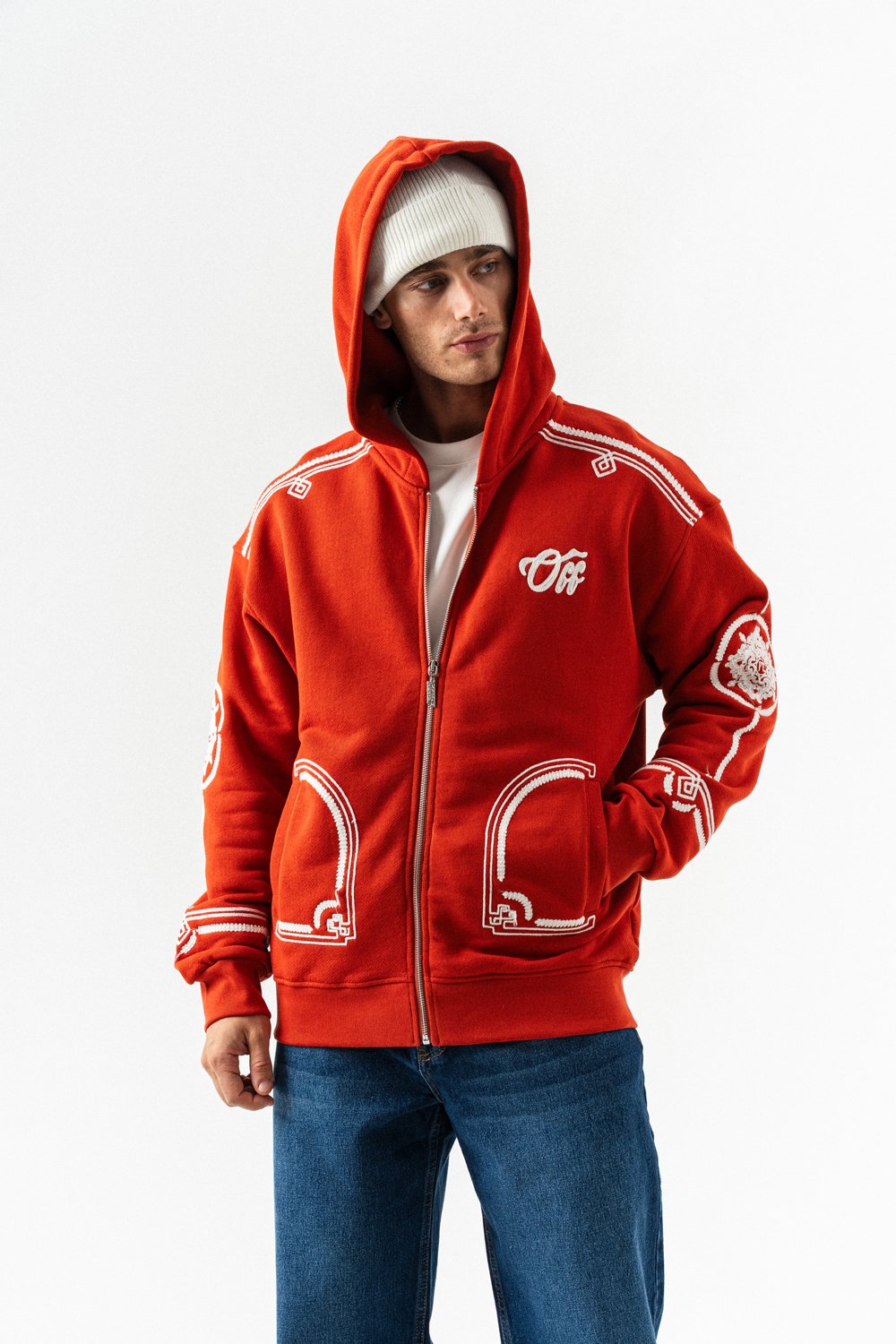 Overtone Nakış Detay Fermuarlı Sweatshirt Hoodie - Kiremit