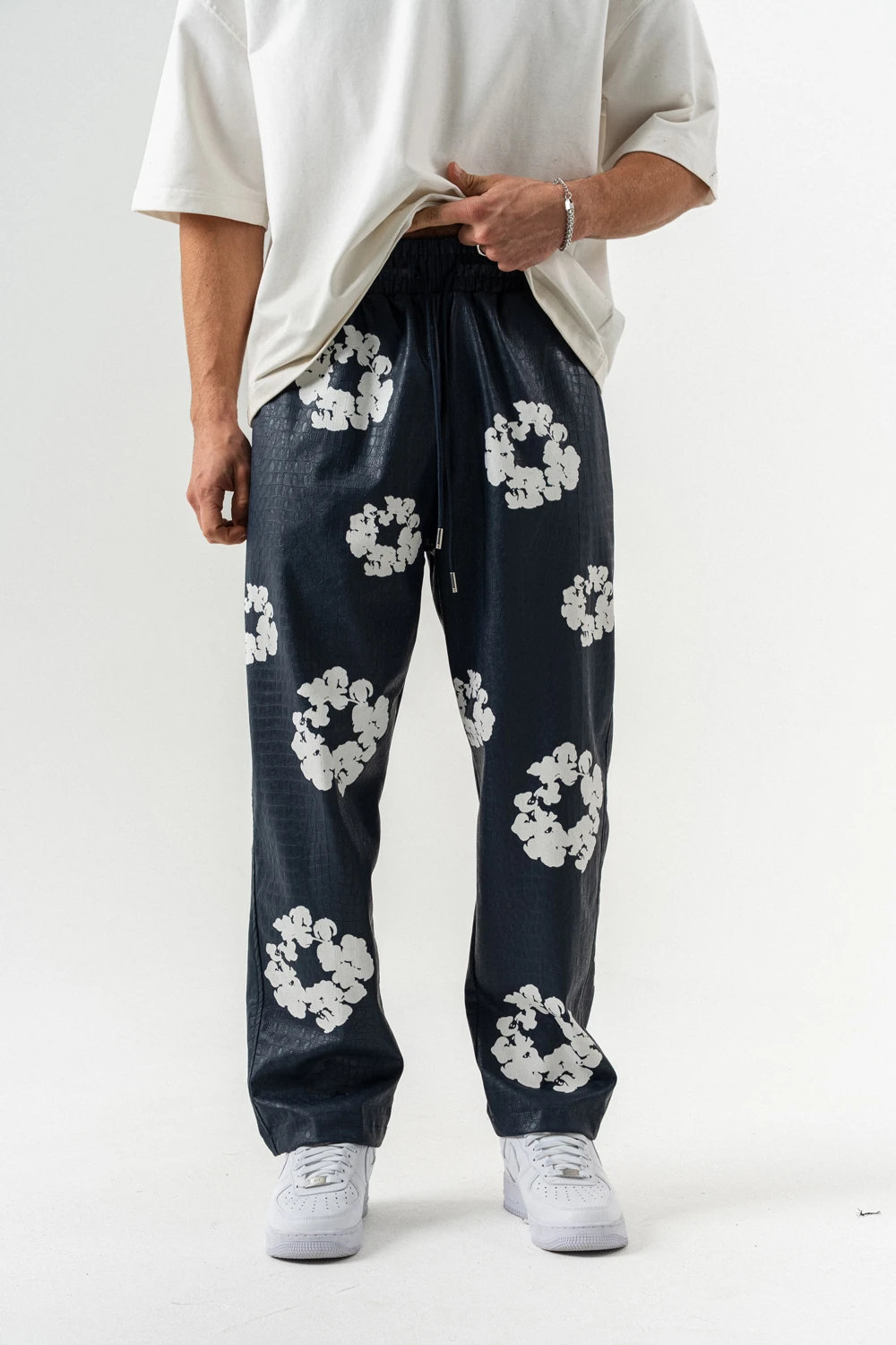 Tear Kabartma Baskı Fermuarlı Deri Alt ve Üst Takım - Lacivert