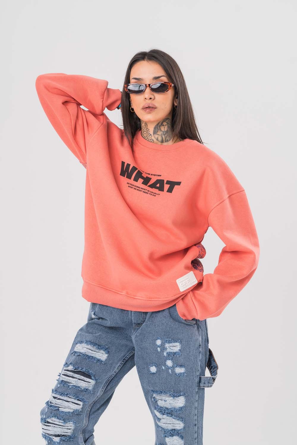 What Patch Detaylı Bisiklet Yaka Sweatshirt - Pudra