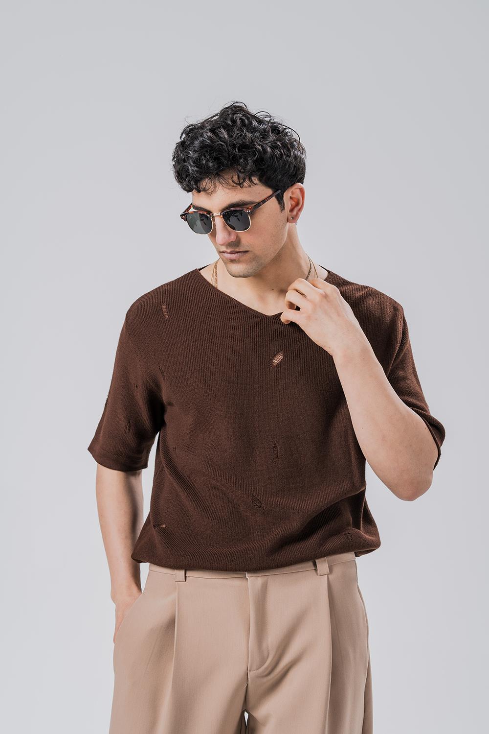 Riccardo Kahve Sökme Detay V Yaka Triko T-shirt